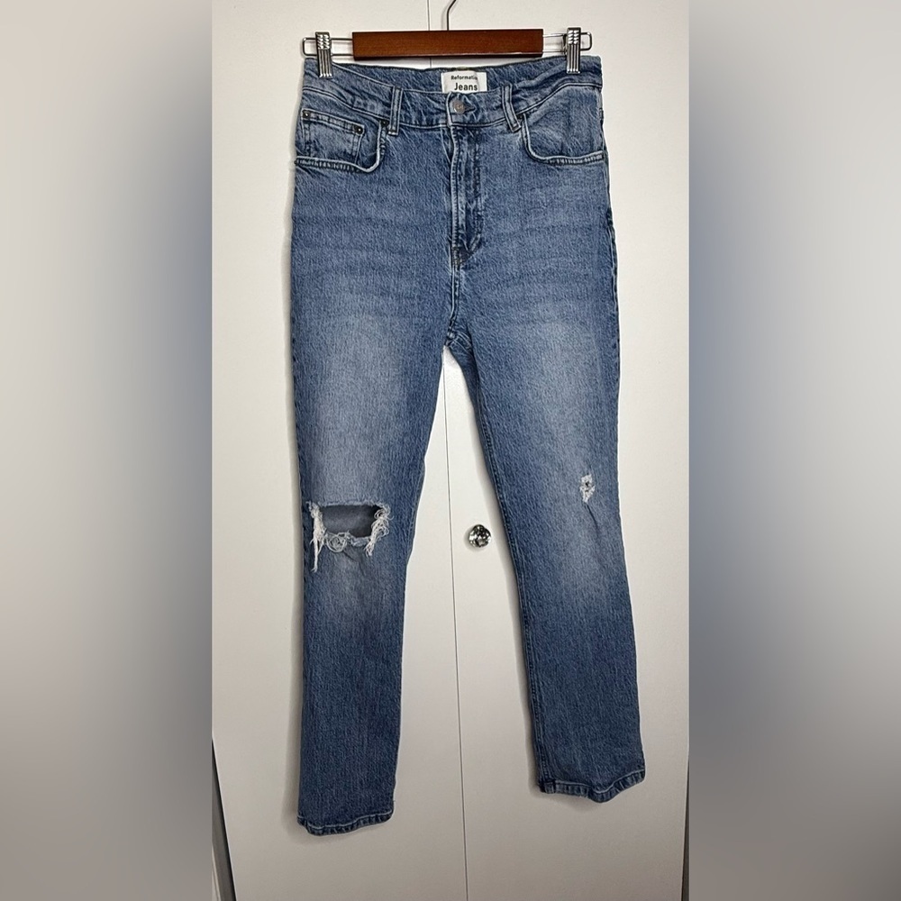 Reformation - Distressed Blue high rise bootcut jeans - color paloma- 29